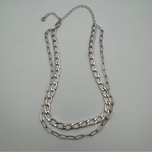 CN Silver Tone Layered Chain Necklace Double Strand Adjustable 15-21